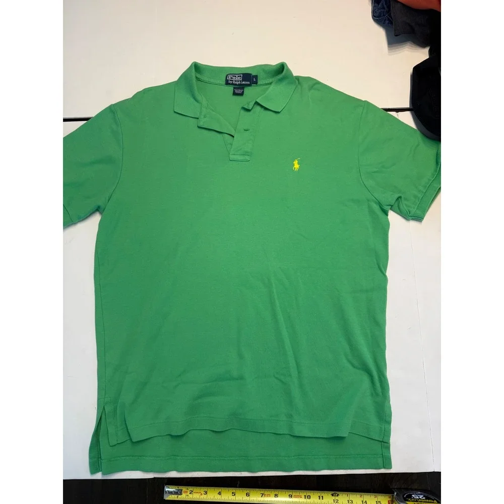 Polo Ralph Lauren Mens Green Cotton Pique Short Sleeve Polo Shirt Yellow Pony L
